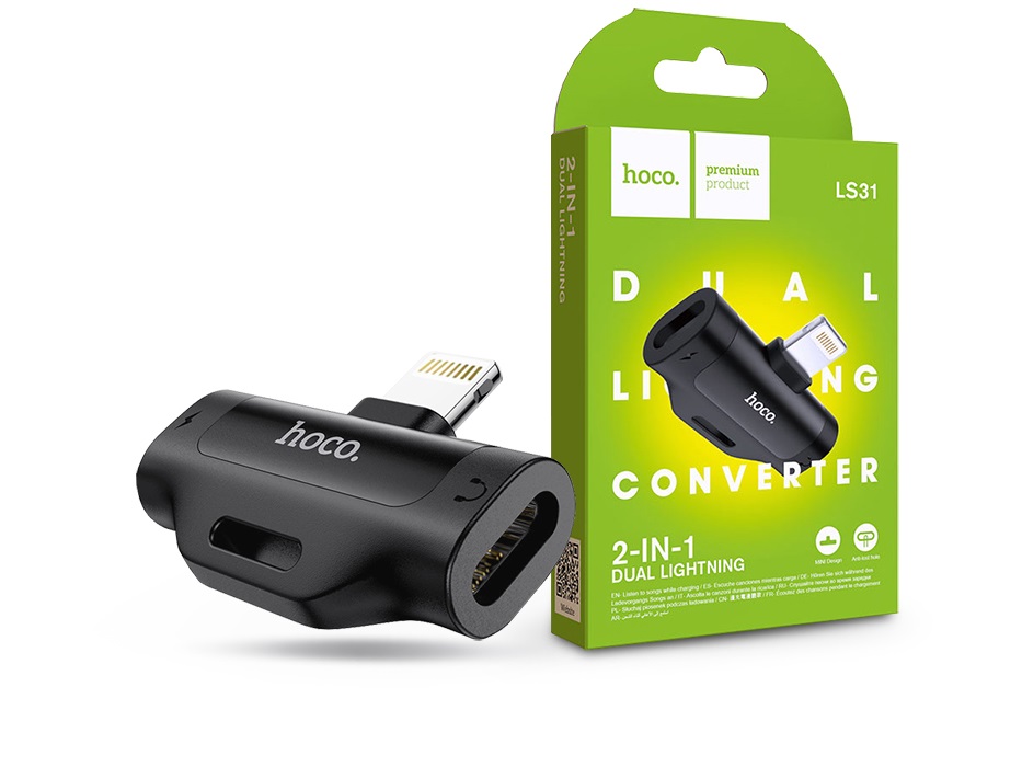 Hoco HOC0299 Lightning+Lightning LS31 2in1 Dual Lightning Converter - fekete audió adapter