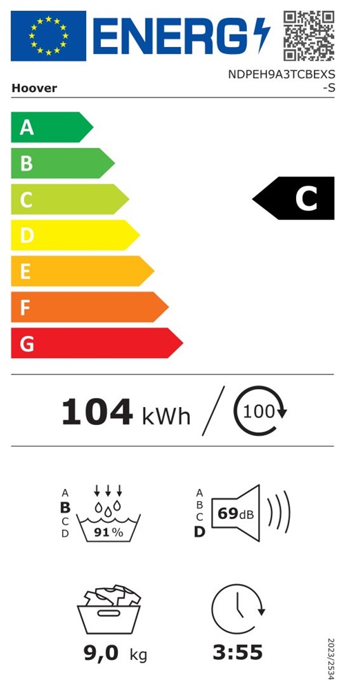 Hoover NDPEH9A3TCBEXS-S fehér, 9 kg, hőszivattyús, szárítógép