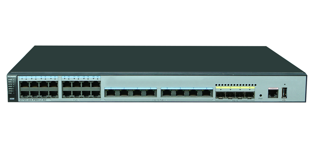 Huawei S5720-28X-PWR-LI-ACF 24GbE PoE+ LAN 4x10GbE SFP+ 740W PoE+ L3 menedzselhető switch