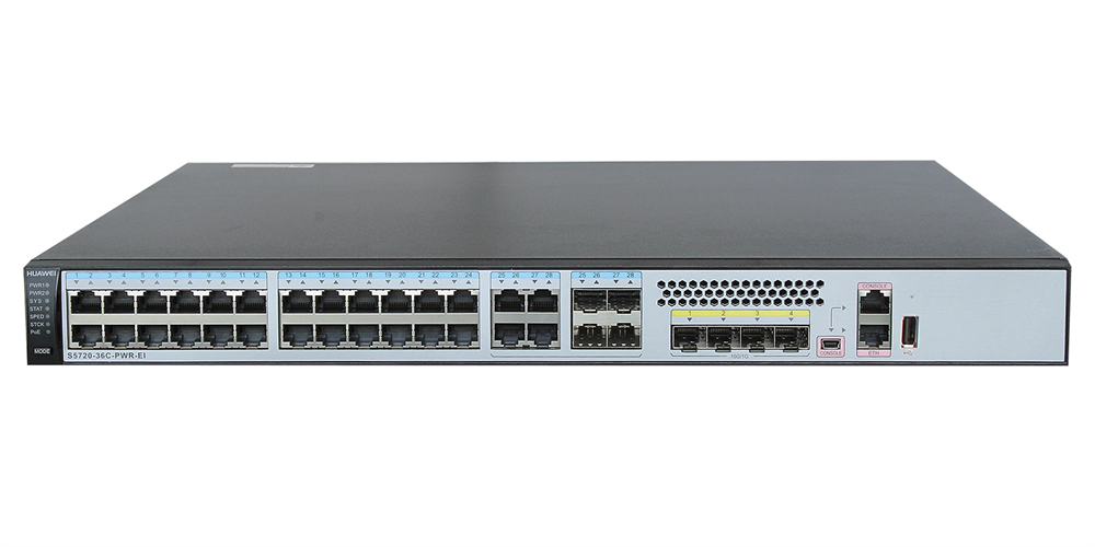 Huawei S5720-36C-PWR-EI bundle 24xGbE LAN 4xGbE Combo RJ45/SFP 4x10GbE SFP+ 370W PoE+ L3 menedzselhető switch