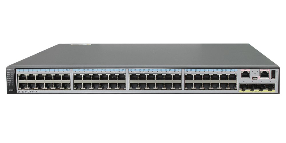 Huawei S5720-56C-PWR-EI bundle 48xGbE LAN 4x10GbE SFP+ 370W PoE+ L3 menedzselhető switch