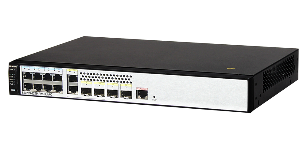 Huawei S5720S-12TP-PWR-LI-AC 8xGbE PoE LAN 2xGbE Combo RJ45/SFP 124W PoE L3 menedzselhető switch