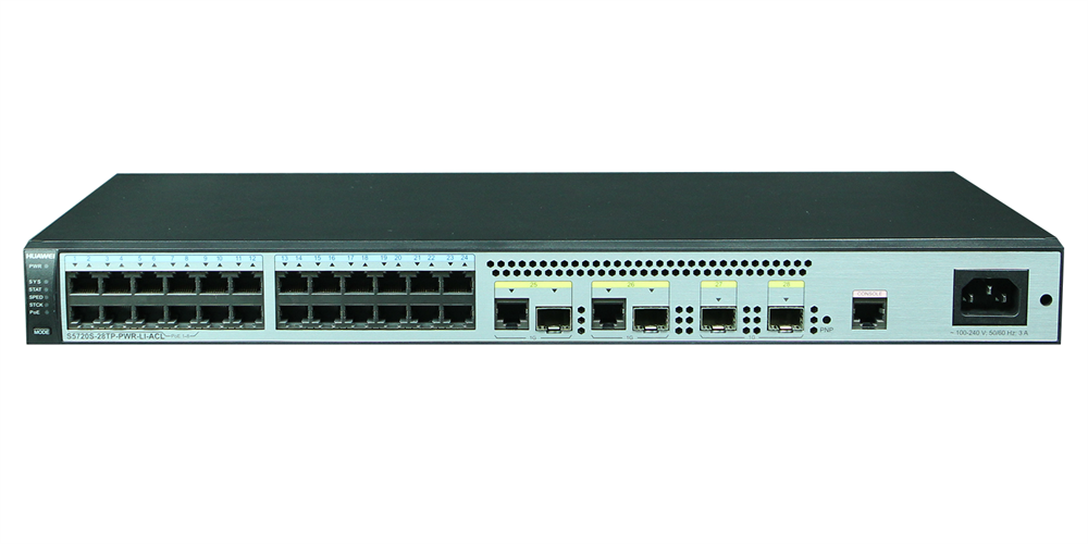 Huawei S5720S-28TP-PWR-LI-ACL 24xGbE LAN (8x Poe+) 2xGbE Combo RJ45/SFP 2xGbE SFP 124W PoE+ L3 menedzselhető switch