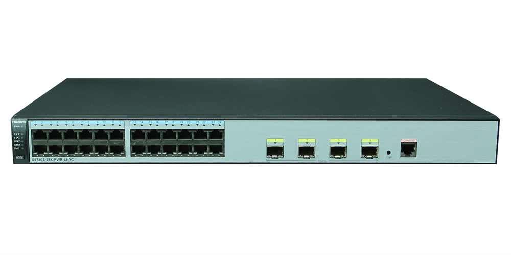 Huawei S5720S-28X-PWR-LI-AC 24GbE PoE+ LAN 4x10GbE SFP+ 370W PoE+ L3 menedzselhető switch