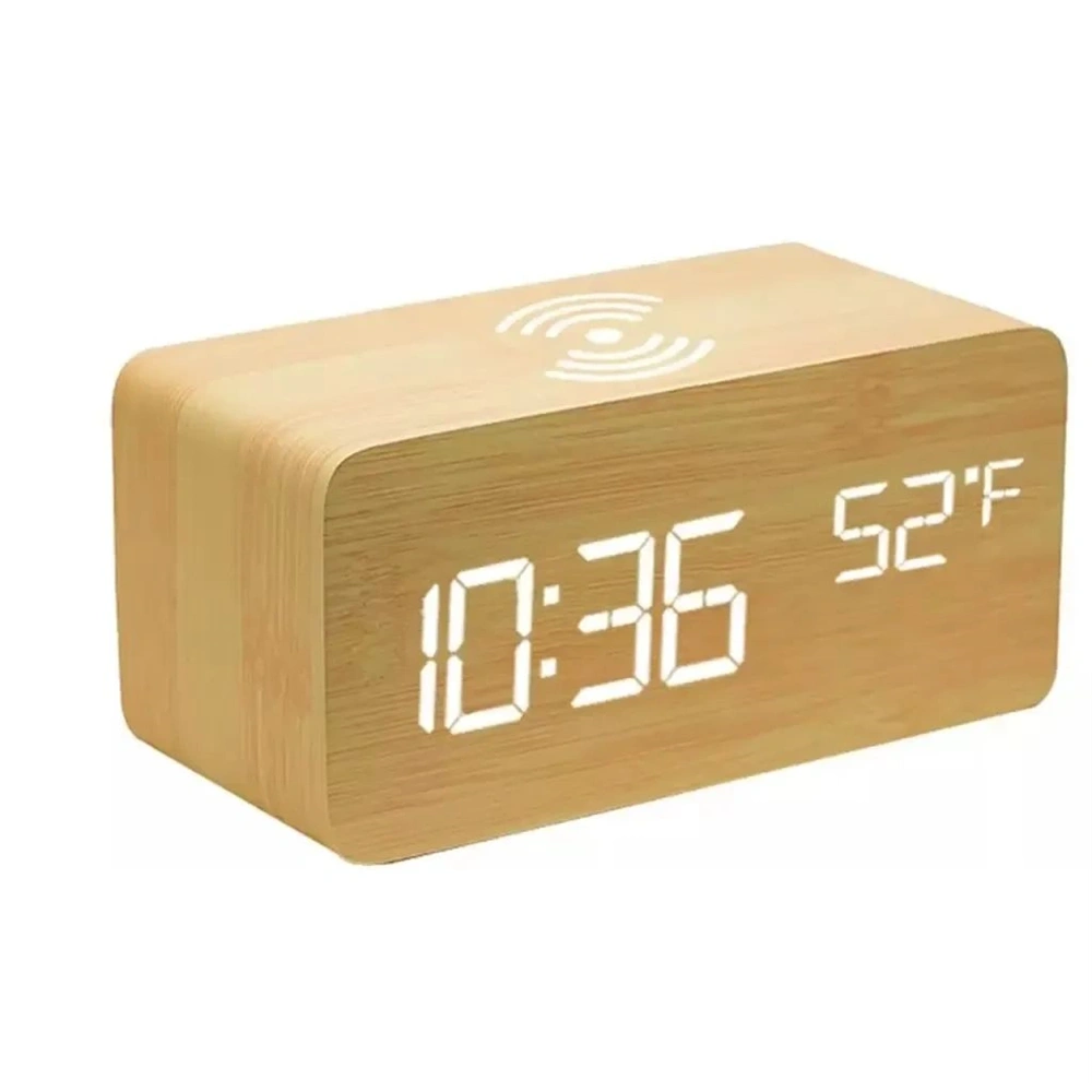 IRIS DC-100-BO-Qi 15W Qi vezeték nélküli töltővel, hangvezérlés világosbarna digitális óra