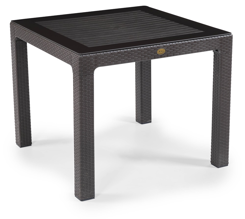 IRIS GF-820BR ORIGINAL barna műanyag kerti asztal rattan üveglappal 90x90cm
