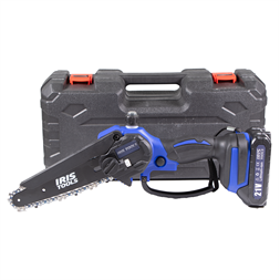 IRIS TOOLS ITCM-100 Akkus olajozós láncfűrész, ágvágó szett (táska + fűrész + 2 akku + töltő), 21V, 15 cm vágási hossz