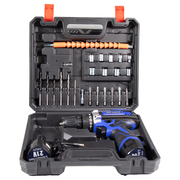 IRIS TOOLS ITDM-100 Akkus fúró és csavarbehajtó szett (táska + fúró + 2 akku + töltő+bit szett), 21 V