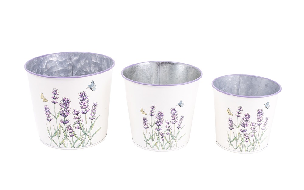 IRIS bádog kaspó, 3 darabos szett, levendula mintás, fehér 15-11,5 cm