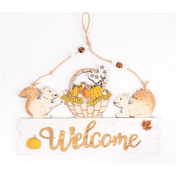 IRIS fa kopogtató "welcome" felirat, 2 mókus, kosárban tökök 22 x 14cm