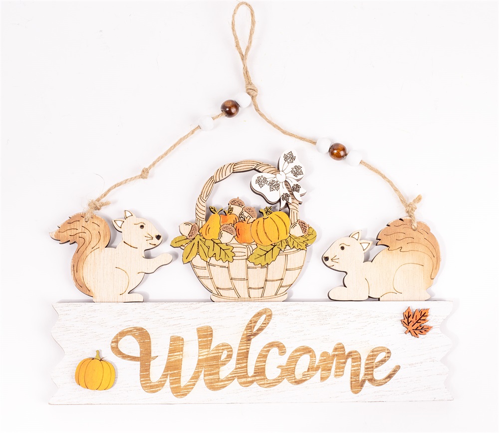 IRIS fa kopogtató "welcome" felirat, 2 mókus, kosárban tökök 22 x 14cm