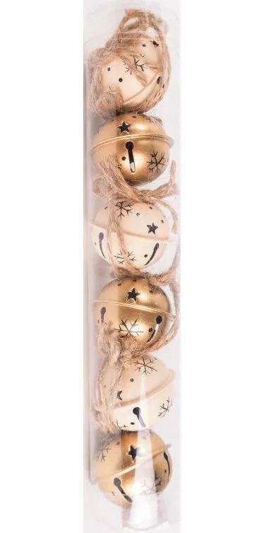 IRIS fém akasztós csengő szettben, 6 darabos, arany és krém, hópihés 4 cm