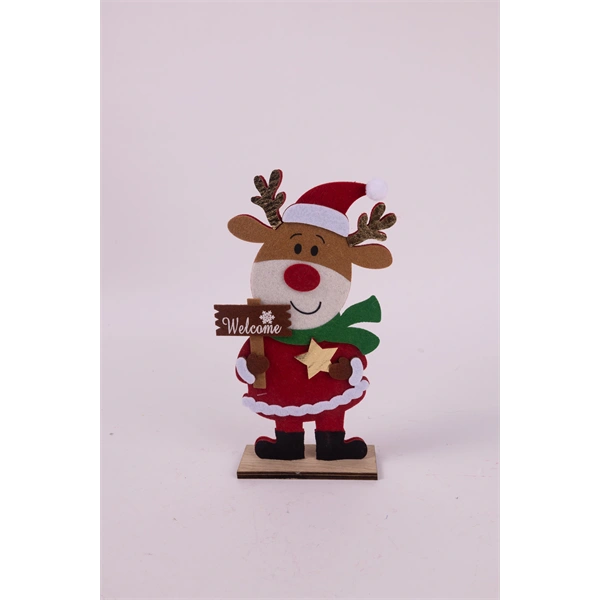 IRIS filc rénszarvas fa talpon, mikulás ruhában, táblával, "welcome" felirat 12 x 4,5 x 24cm