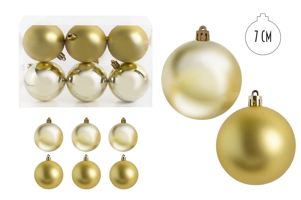 IRIS karácsonyi dísz  gömb, szettben, pvc dobozban, 6dbos, aranysárga 7 cm
