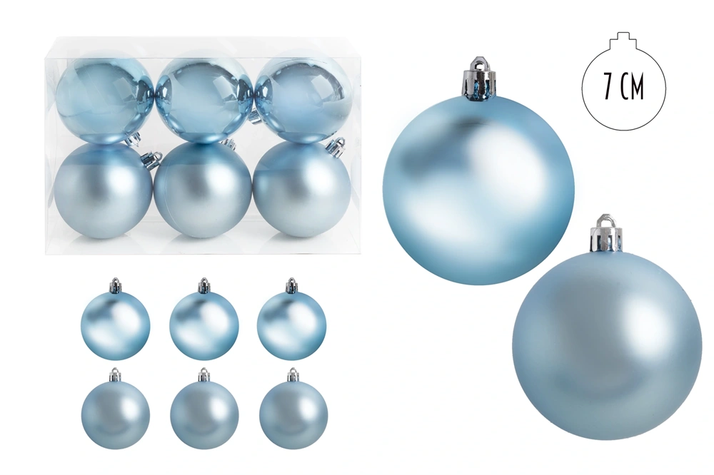 IRIS karácsonyi dísz  gömb, szettben, pvc dobozban, 6dbos, azúrkék 7 cm