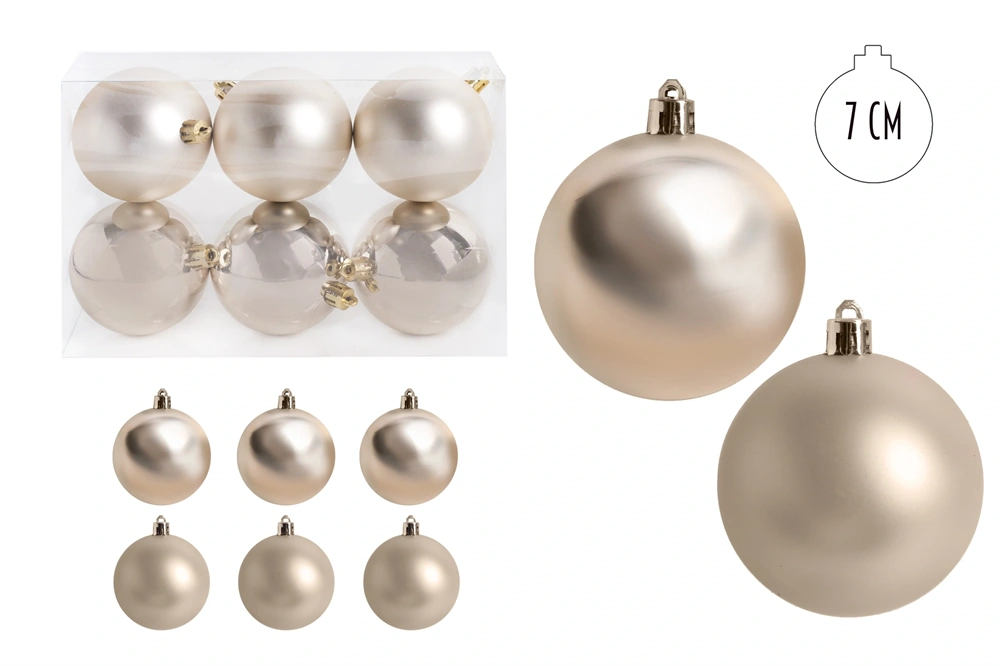 IRIS karácsonyi dísz  gömb, szettben, pvc dobozban, 6dbos, krém silver 7 cm