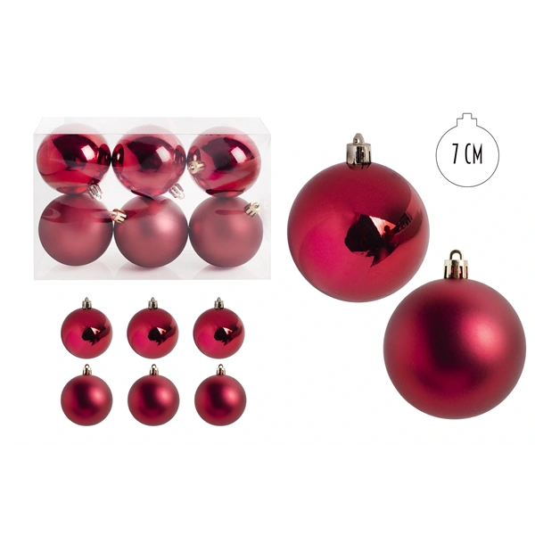 IRIS karácsonyi dísz gömb, szettben, pvc dobozban, 6dbos, piros 7 cm
