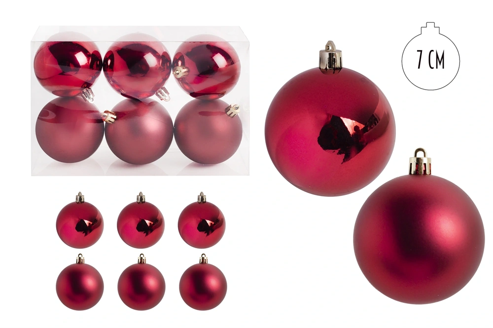 IRIS karácsonyi dísz gömb, szettben, pvc dobozban, 6dbos, piros 7 cm