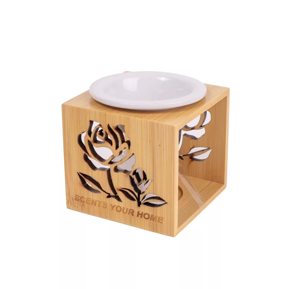 IRIS kerámia olajmécses, fa kerettel, rózsás, fehér 10 cm