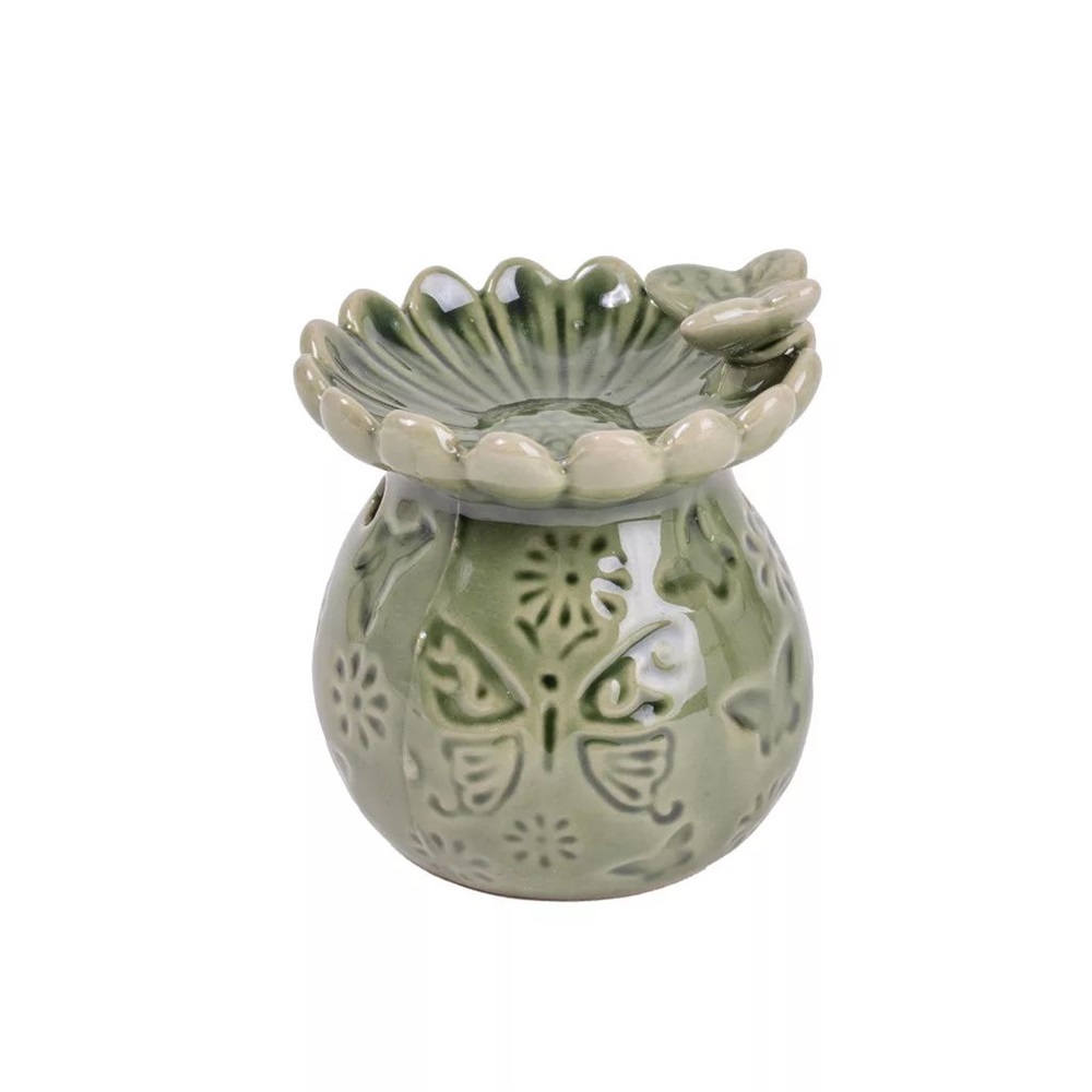 IRIS kerámia olajmécses, lepke mintás, lepkével, zöld 10 cm