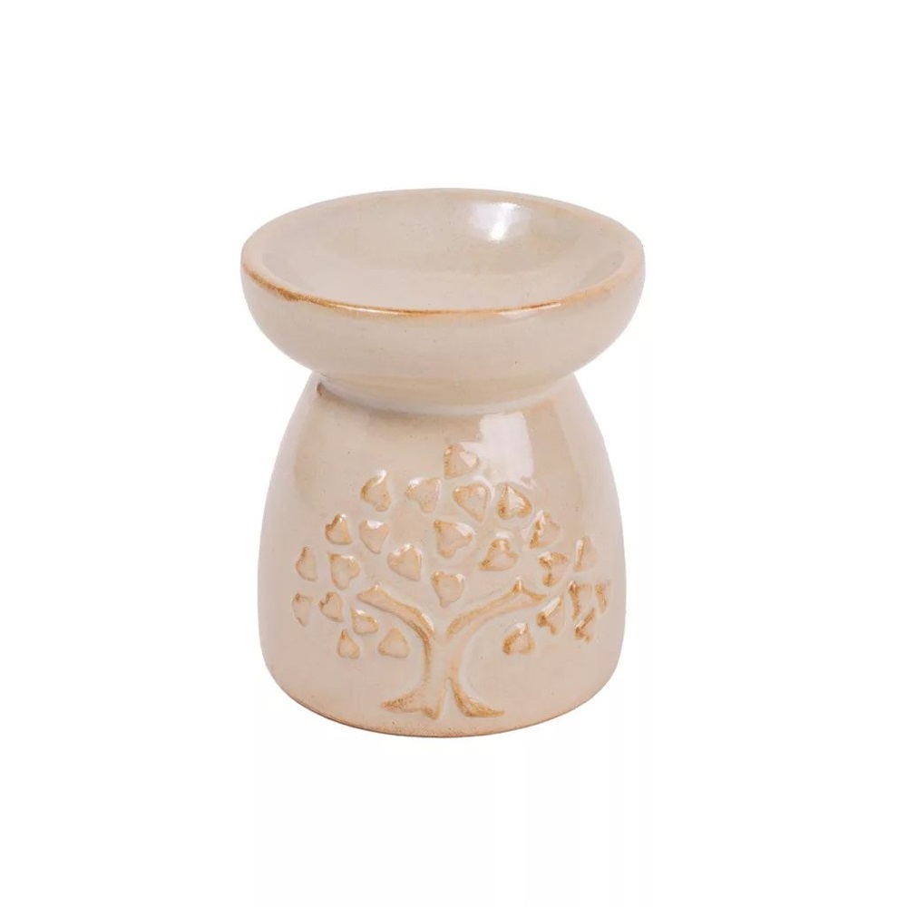 IRIS kerámia olajmécses, szív leveles fa mintával, beige 8 cm