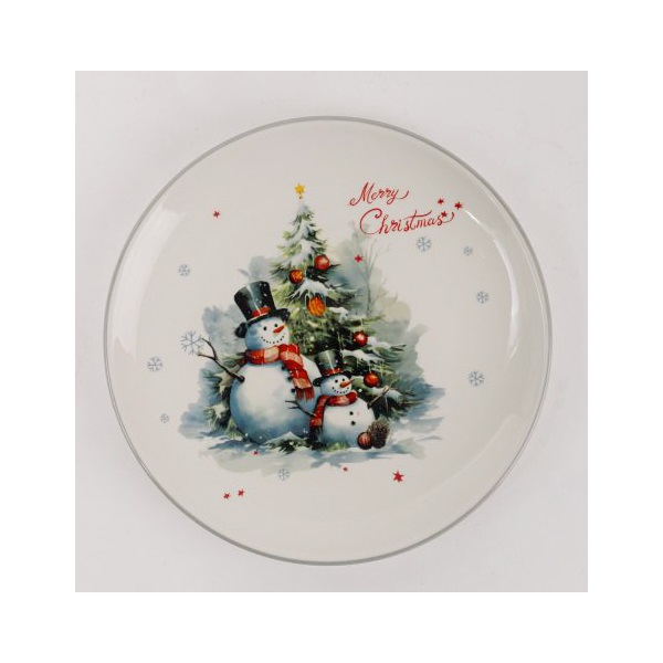 IRIS kerámia tányér, hóemberek a karácsonyfa előtt, "merry christmas" felirat 25 cm