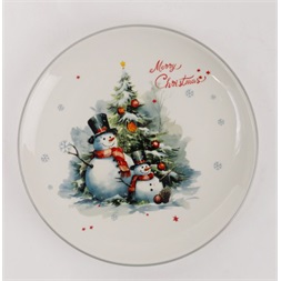 IRIS kerámia tányér, hóemberek a karácsonyfa előtt, "merry christmas" felirat 25 cm