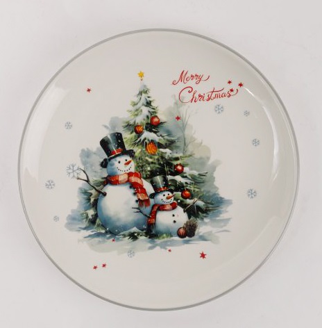 IRIS kerámia tányér, hóemberek a karácsonyfa előtt, "merry christmas" felirat 25 cm