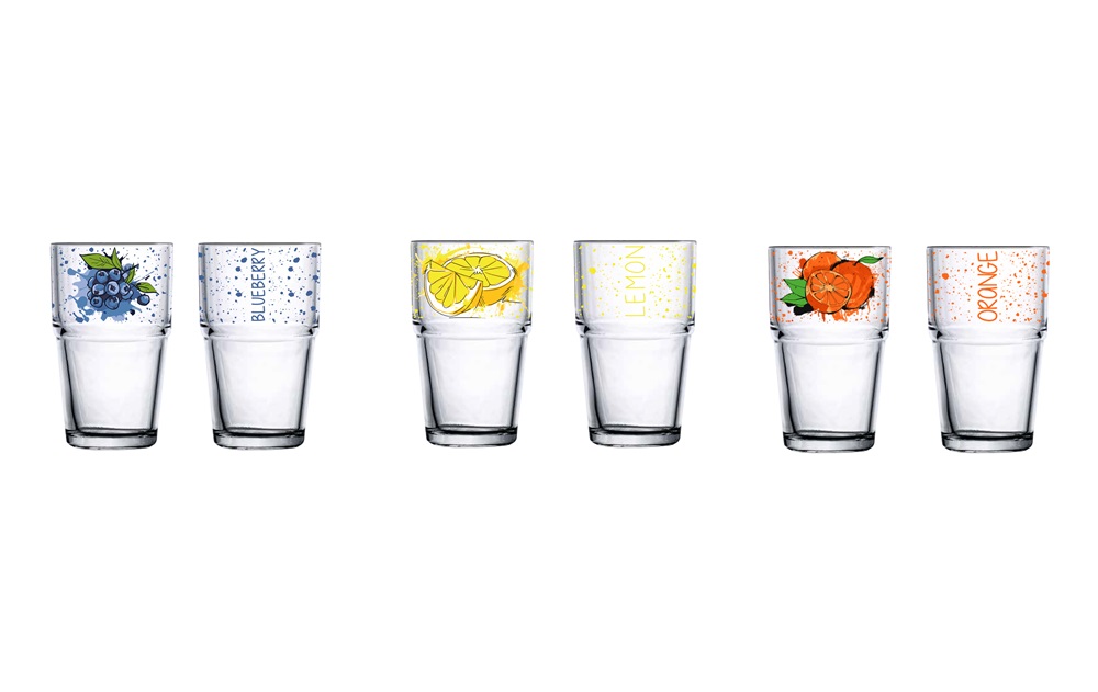 IRIS mintás üveg pohár szett 3 darabos, 3*345ml, Blueberries, Lemon, Orange minta 131606-001