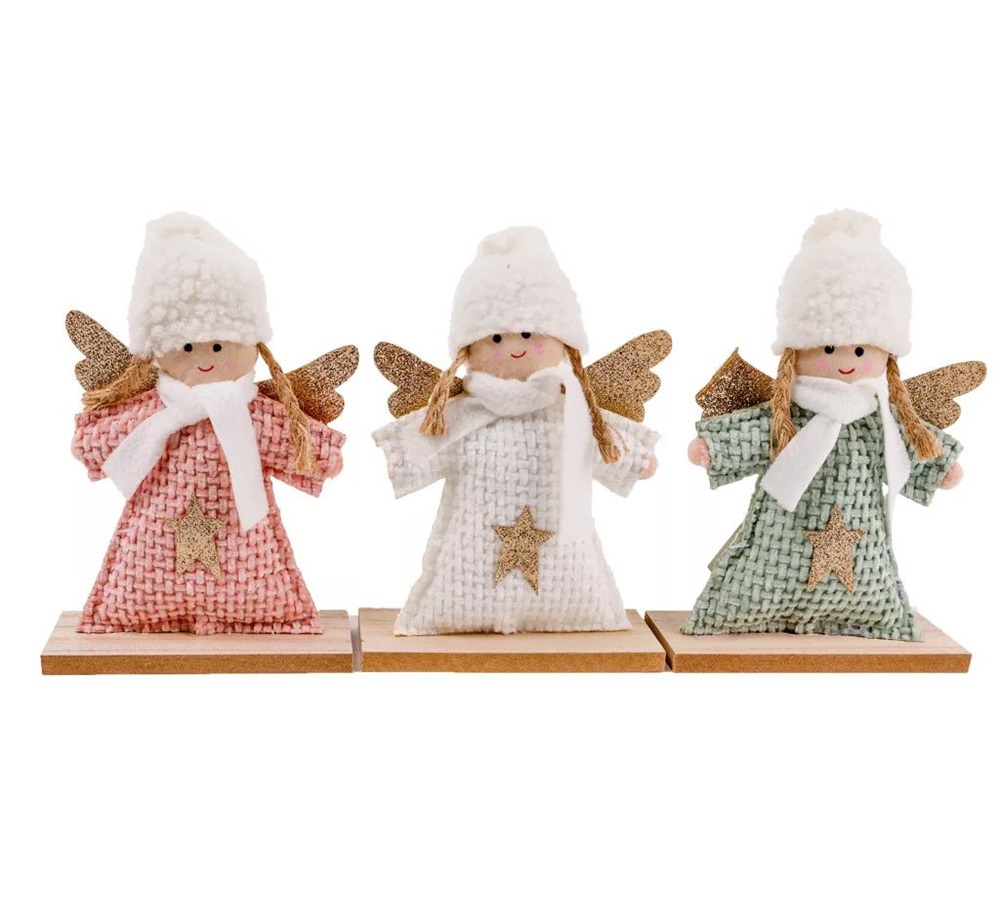 IRIS textil angyal, fa talpon, 2 gombbal, 3 féle 20 x 13 cm