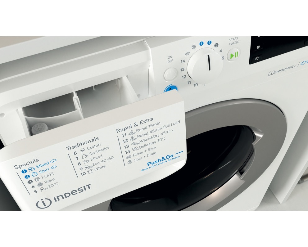 Indesit BDE 96436 EWSV EE fehér, elöltöltős, max.1400ford., 9 kg/6 kg, mosó-szárítógép