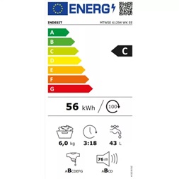 Indesit MTWSE 61294 WK EE fehér, elöltöltős, keskeny, max.1200ford., 6 kg, mosógép (Újszerű)