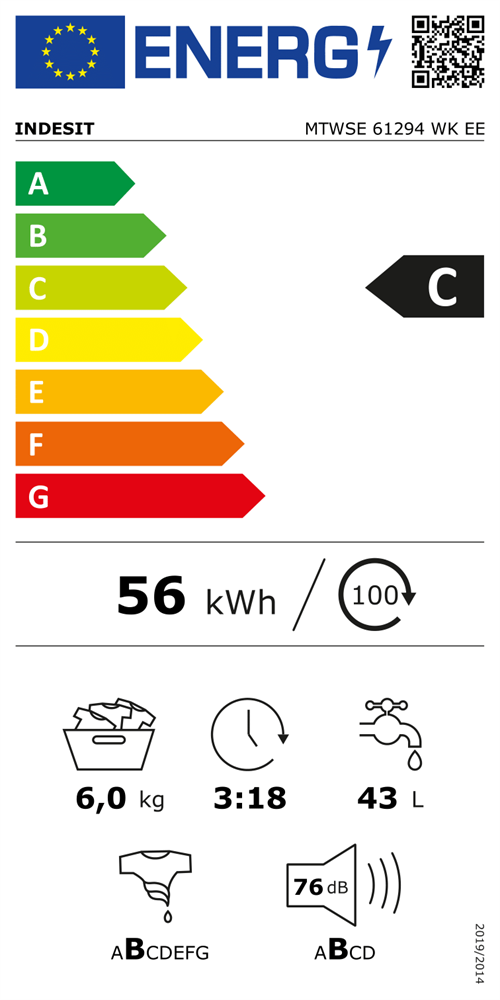 Indesit MTWSE 61294 WK EE fehér, elöltöltős, keskeny, max.1200ford., 6 kg, mosógép (Újszerű)