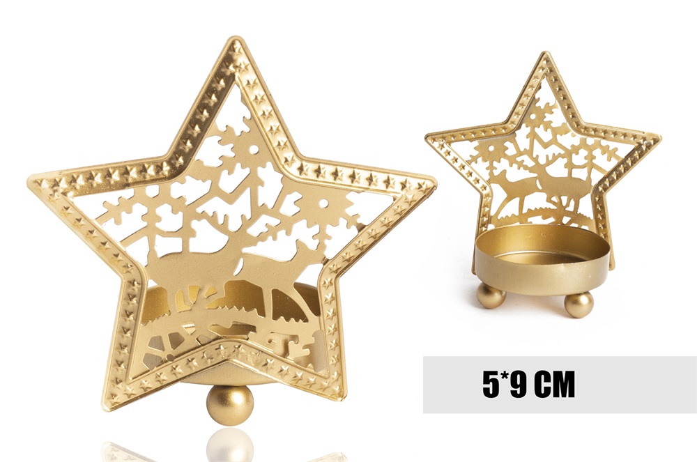 Iris fém mécsestartó csillag+szarvas arany 5*9 cm