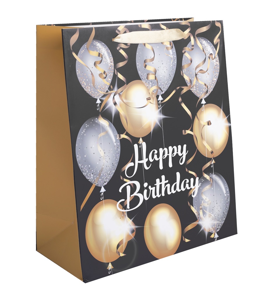 Iris papírtasak matt, "happy bithday" felirattal, fekete alapon, arany/ezüst lufik 26*32 cm