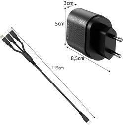 Izoxis USB fali töltő + Izoxis USB - USB Type-C/microUSB/Lightning kábel