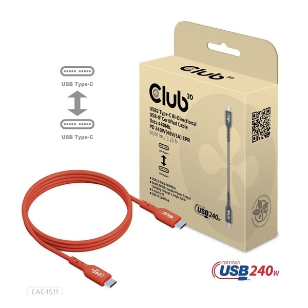 Club3D CAC-1511 1m USB2 Type-C 480Mb PD 240W adat- és töltőkábel