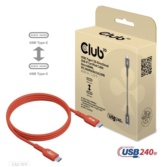 Club3D CAC-1511 1m USB2 Type-C 480Mb PD 240W adat- és töltőkábel