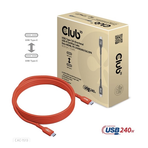 Club3D CAC-1513 3m USB2 Type-C 480Mb PD 240W adat- és töltőkábel