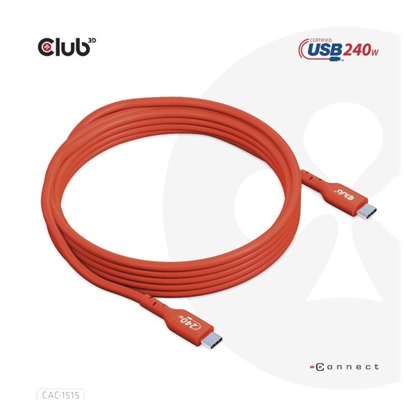 Club3D CAC-1515 4m USB2 Type-C 480Mb PD 240W adat- és töltőkábel