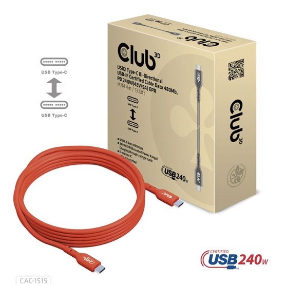 Club3D CAC-1515 4m USB2 Type-C 480Mb PD 240W adat- és töltőkábel