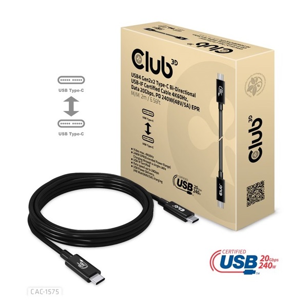 Club3D CAC-1575 USB4 Gen2x2 Type-C 20Gbps PD 240W adat- és töltőkábel