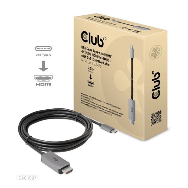 Club3D CAC-1587 USB Gen2 Type C to HDMI 4K120Hz 8K60Hz HDR10 aktív kábel