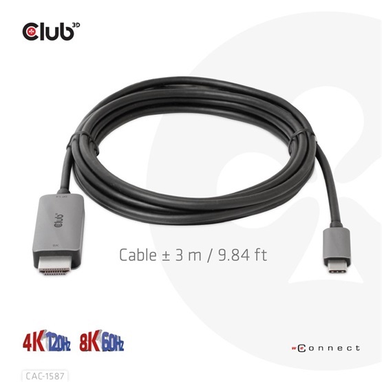 Club3D CAC-1587 USB Gen2 Type C to HDMI 4K120Hz 8K60Hz HDR10 aktív kábel