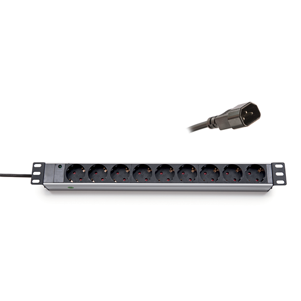 KE-Line 19" elosztópanel 9x230V Schuko aljzat, IEC320 C14 dugó, kontrol LED-del, 1U, 2,5m