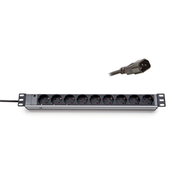 KE-Line 19" elosztópanel 9x230V Schuko aljzat, IEC320 C14 dugó, kontrol LED-del, 1U, 2,5m