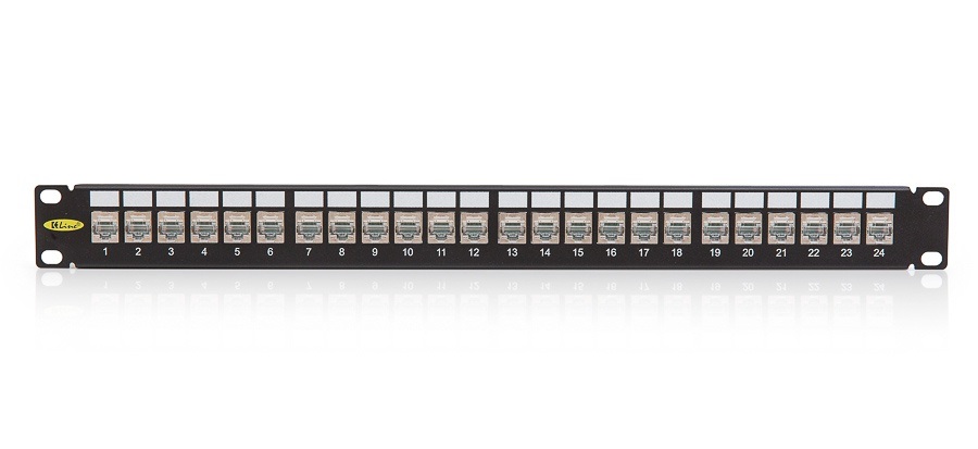 KE-Line Cat6A Moduláris árnyékolt Patch panel 1U 24xRJ45/s fekete HD csatlakozókkal