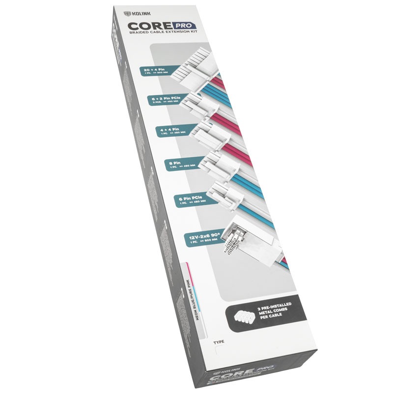Kábel Kolink Core Pro fonott kábelhosszabbító kit 12V-2x6 Type 2 -  Brilliant White/Neon Blue/Pur