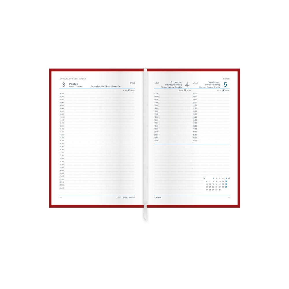 Kalendart Traditional 2026 T022 B6 napi beosztású bordó határidőnapló