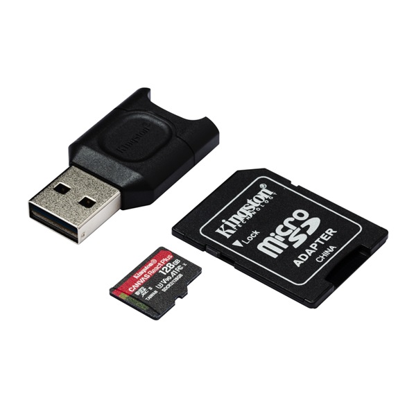 Kingston 128GB SD micro Canvas React Plus (SDXC Class 10 UHS-II U3) (MLPMR2/128GB) memóriakártya adapterrel, olvasóval